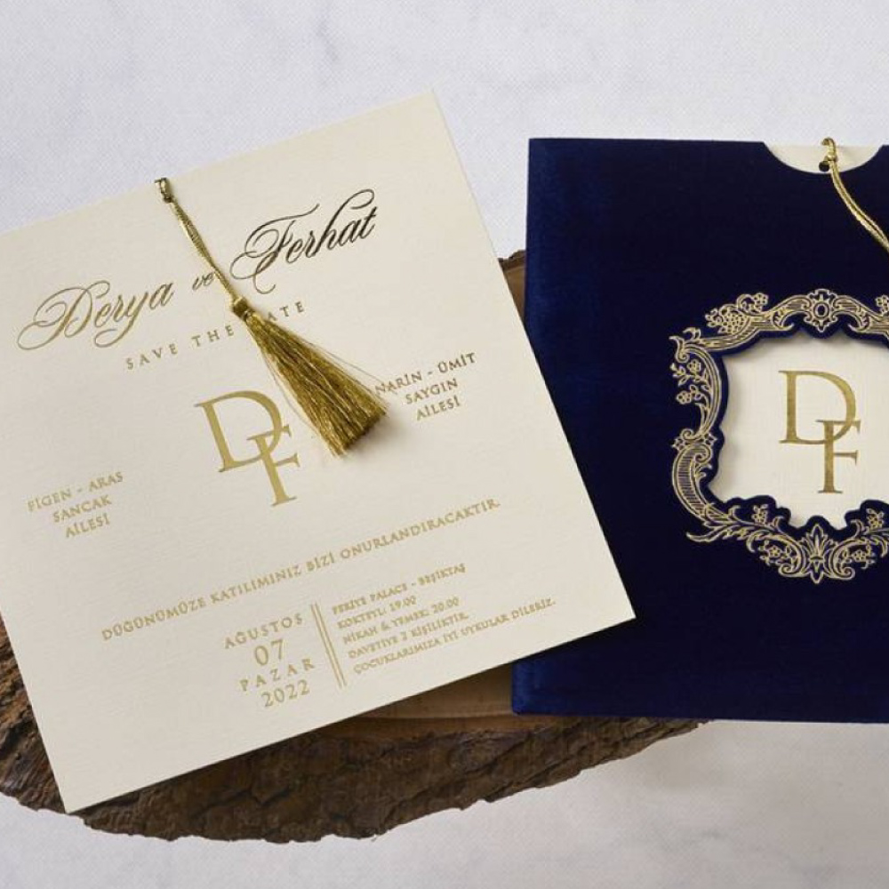 Navy Blue Velvet & Gold Wedding Invitation and Envelope 2