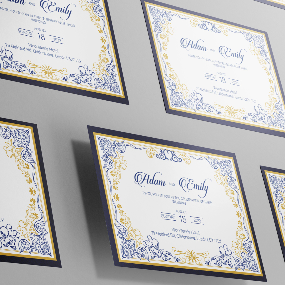 Blue And Gold Ornamental Frame Wedding Invitation | 350 GSM Paper Shaadi Invitation & Envelope 3