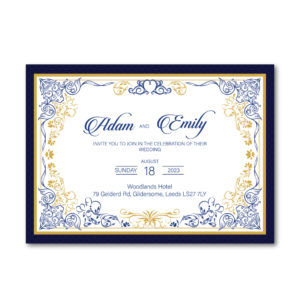 Blue And Gold Ornamental Frame Wedding Invitation | 350 GSM Paper Shaadi Invitation & Envelope