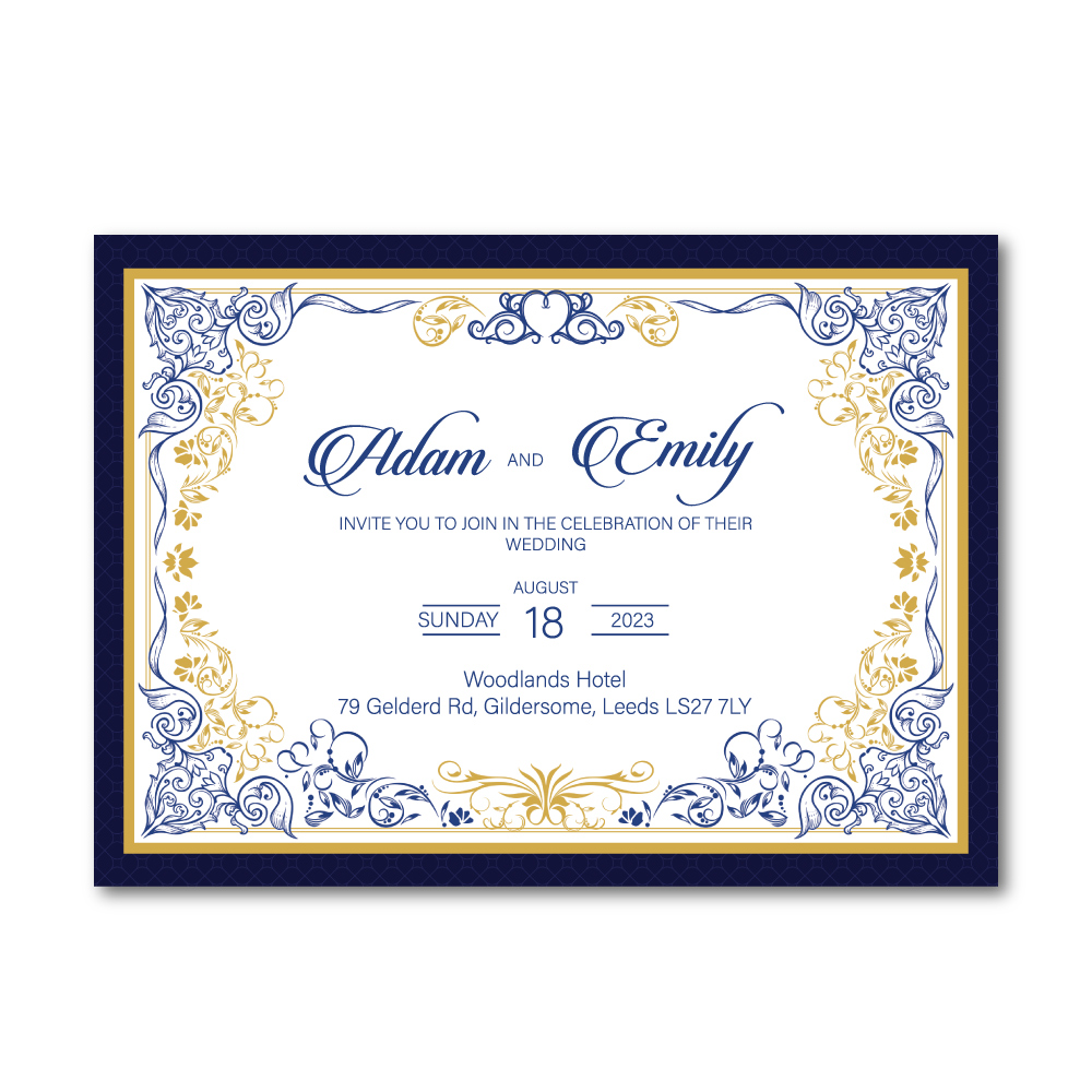 Blue And Gold Ornamental Frame Wedding Invitation | 350 GSM Paper Shaadi Invitation & Envelope