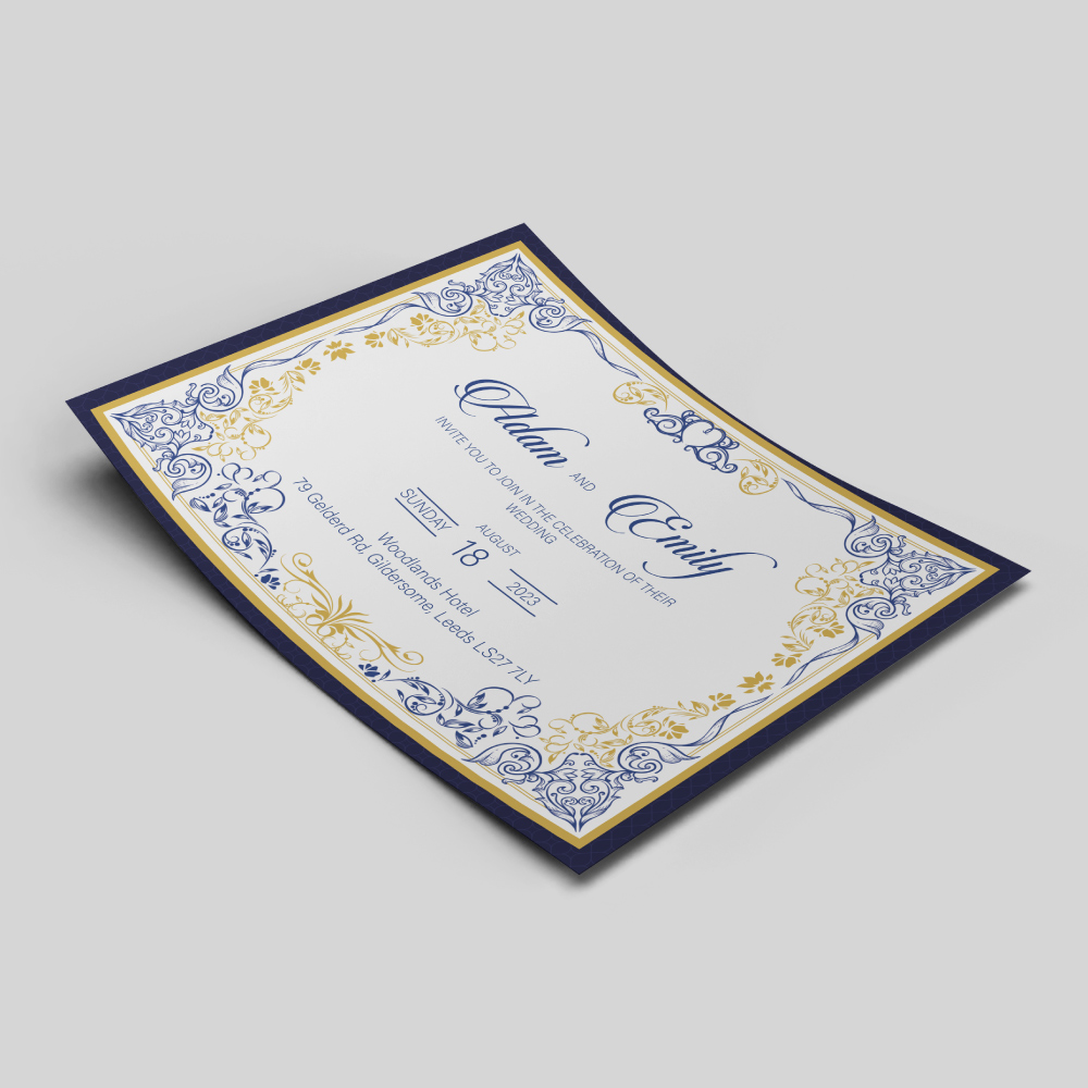 Blue And Gold Ornamental Frame Wedding Invitation | 350 GSM Paper Shaadi Invitation & Envelope 5