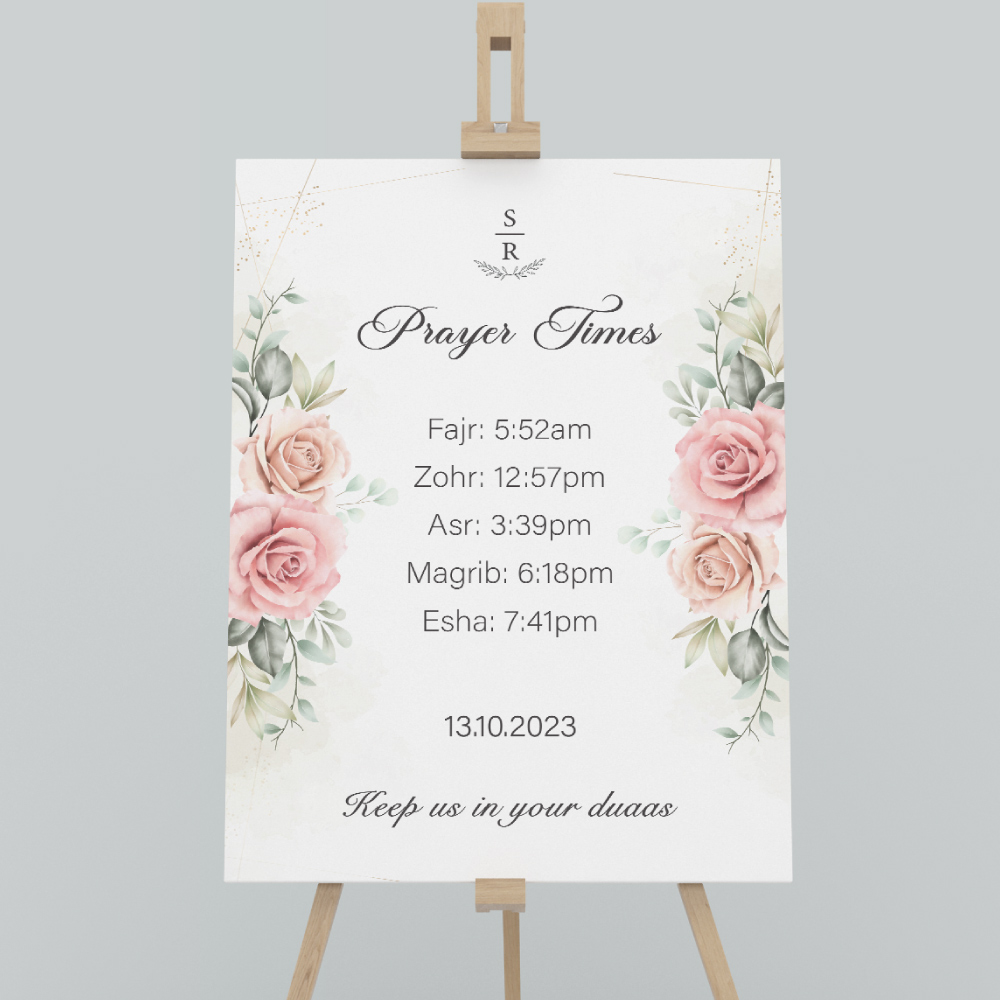 Personalised A2 Rose Wall Prayer Times Wedding Sign | Vinyl Sticker And Foamex Sign