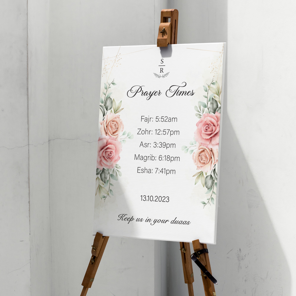 Personalised A2 Rose Wall Prayer Times Wedding Sign | Vinyl Sticker And Foamex Sign 2