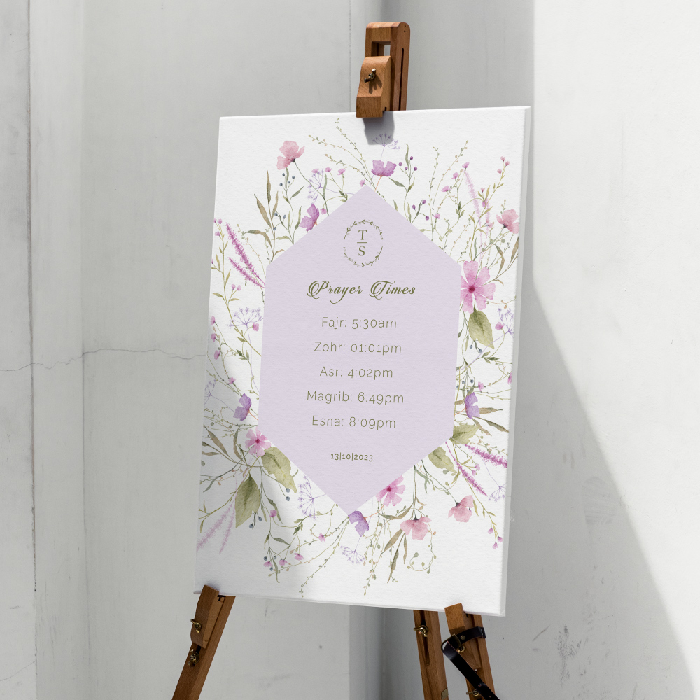 Personalised A2 Lilac Delicate Flowers Prayer Times Wedding Sign | Vinyl Sticker And Foamex Sign 3