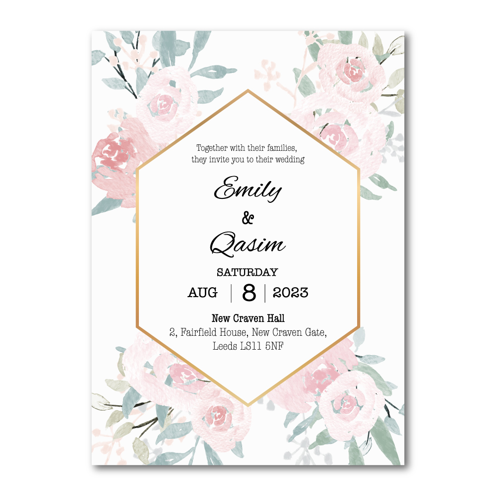 Hexagonal Pastel Flowers Wedding Invitation | 350 GSM Paper Shaadi Invitation & Envelope