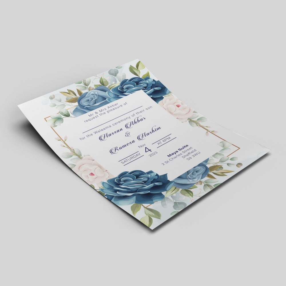 Blue Floral Wreath Wedding Invitation | 350 GSM Paper Shaadi Invitation & Envelope 4