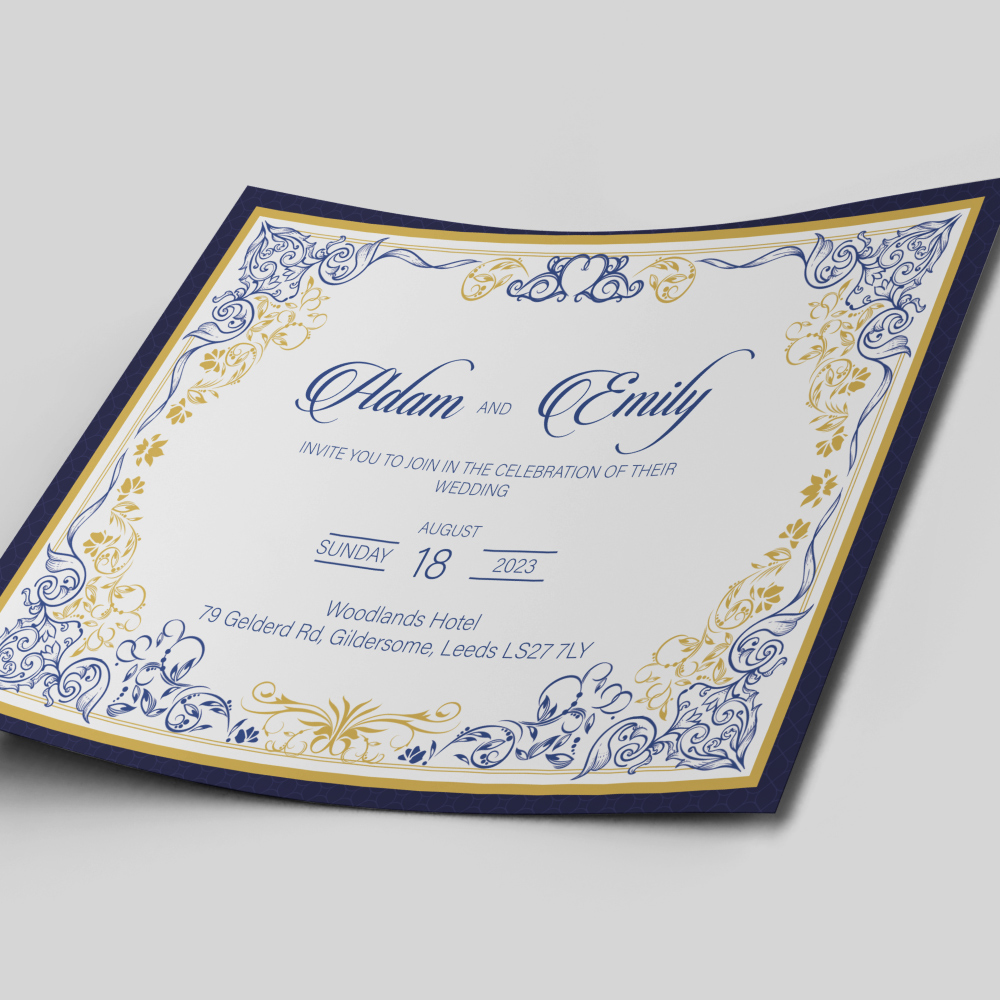 Blue And Gold Ornamental Frame Wedding Invitation | 350 GSM Paper Shaadi Invitation & Envelope 4