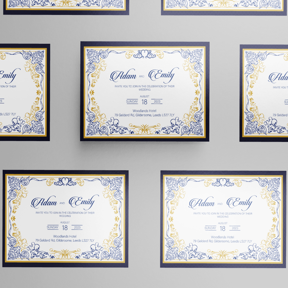 Blue And Gold Ornamental Frame Wedding Invitation | 350 GSM Paper Shaadi Invitation & Envelope 2