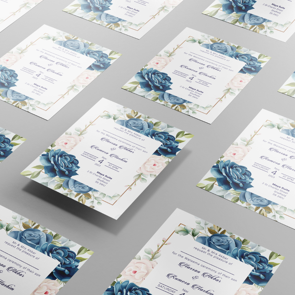 Blue Floral Wreath Wedding Invitation | 350 GSM Paper Shaadi Invitation & Envelope 3