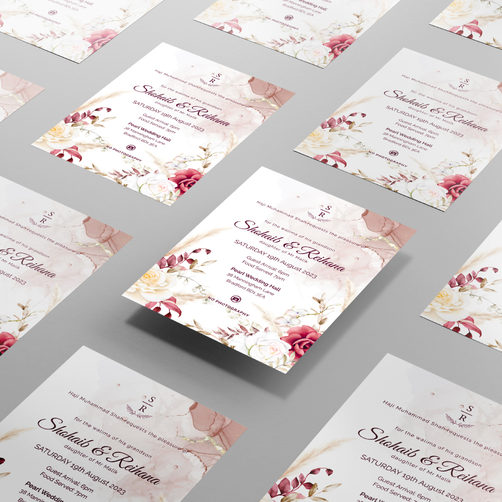 Boho Watercolour Flower Wedding Invitation | 350 GSM Paper Shaadi Invitation & Envelope 2