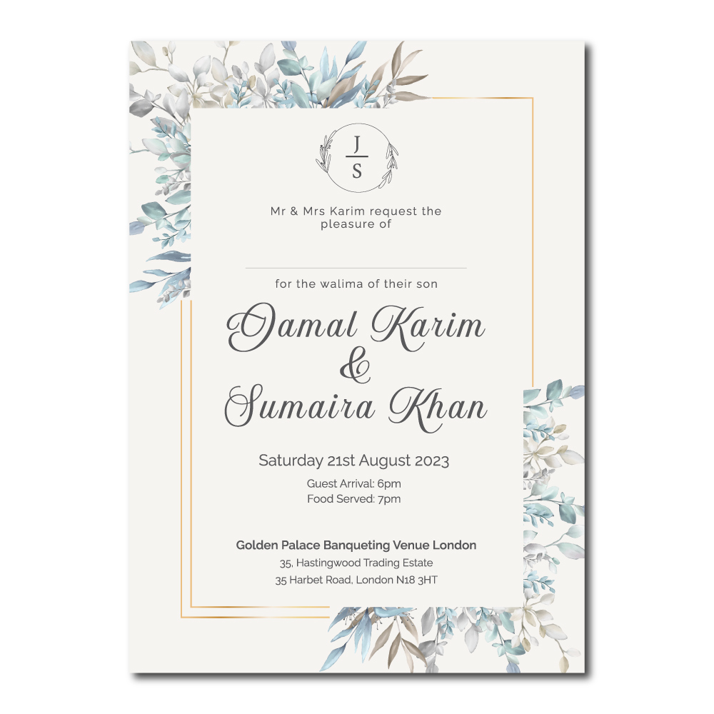 Periwinkle Blue Leaves Wedding Invitation | 350 GSM Paper Shaadi Invitation & Envelope 4