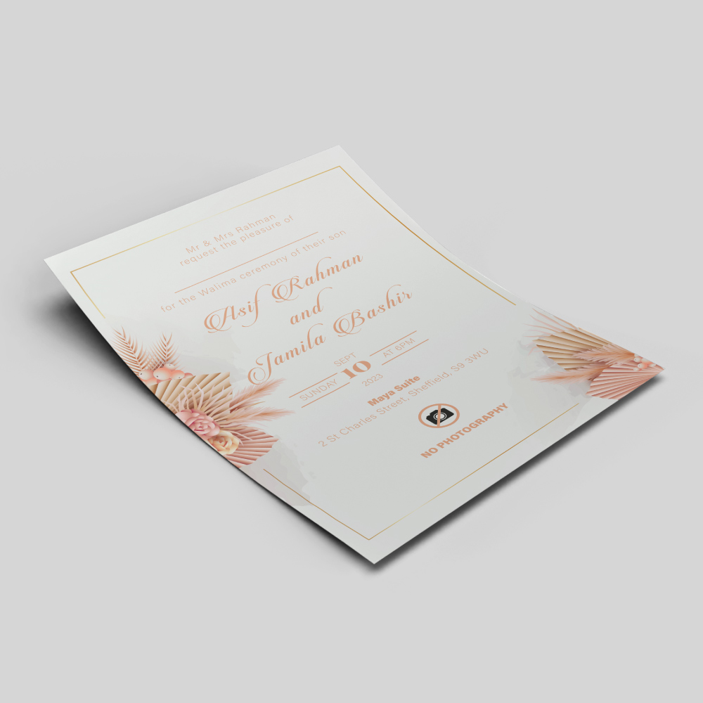 Double Sided Elegant Salmon Pink Floral Wedding Invitation | 350 GSM Paper Shaadi Invitation & Envelope