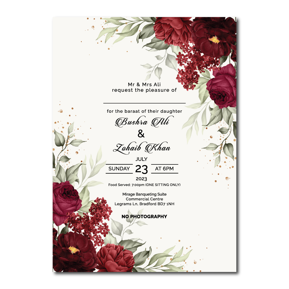 Burgundy Roses And Leaves Wedding Invitation | 350 GSM Paper Shaadi Invitation & Envelope 4