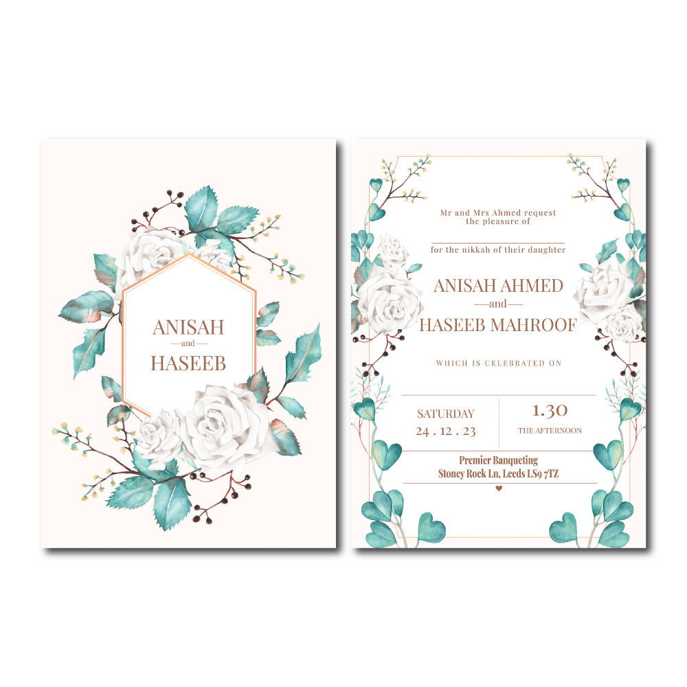 Double Sided Teal Heart Leaves Wedding Invitation | 350 GSM Paper Shaadi Invitation & Envelope