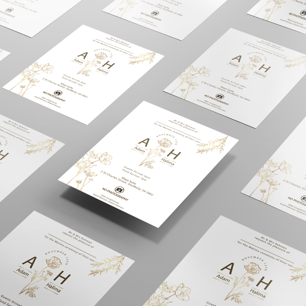 Minimal Golden Floral Wedding Invitation | 350 GSM Paper Shaadi Invitation & Envelope