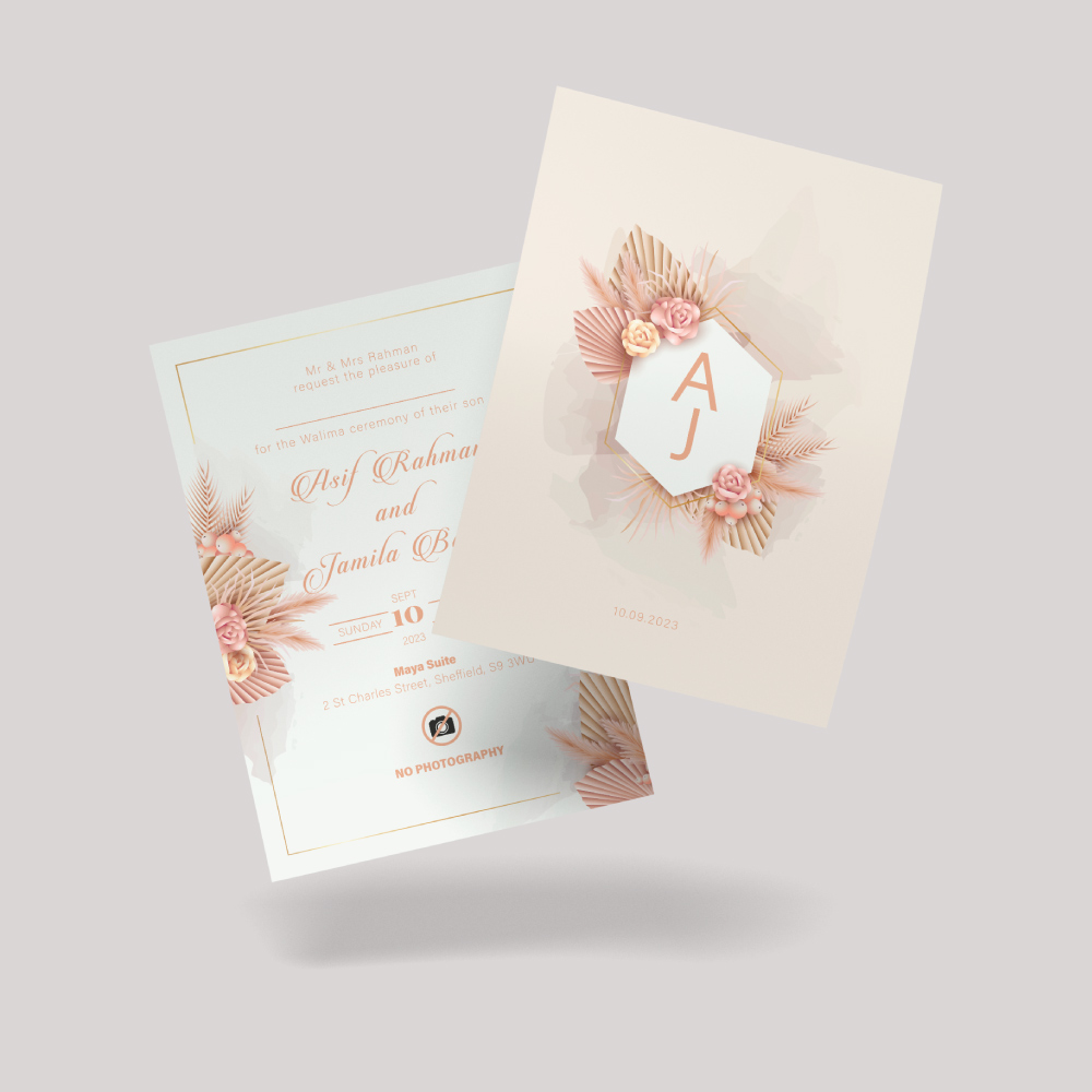 Double Sided Elegant Salmon Pink Floral Wedding Invitation | 350 GSM Paper Shaadi Invitation & Envelope 3