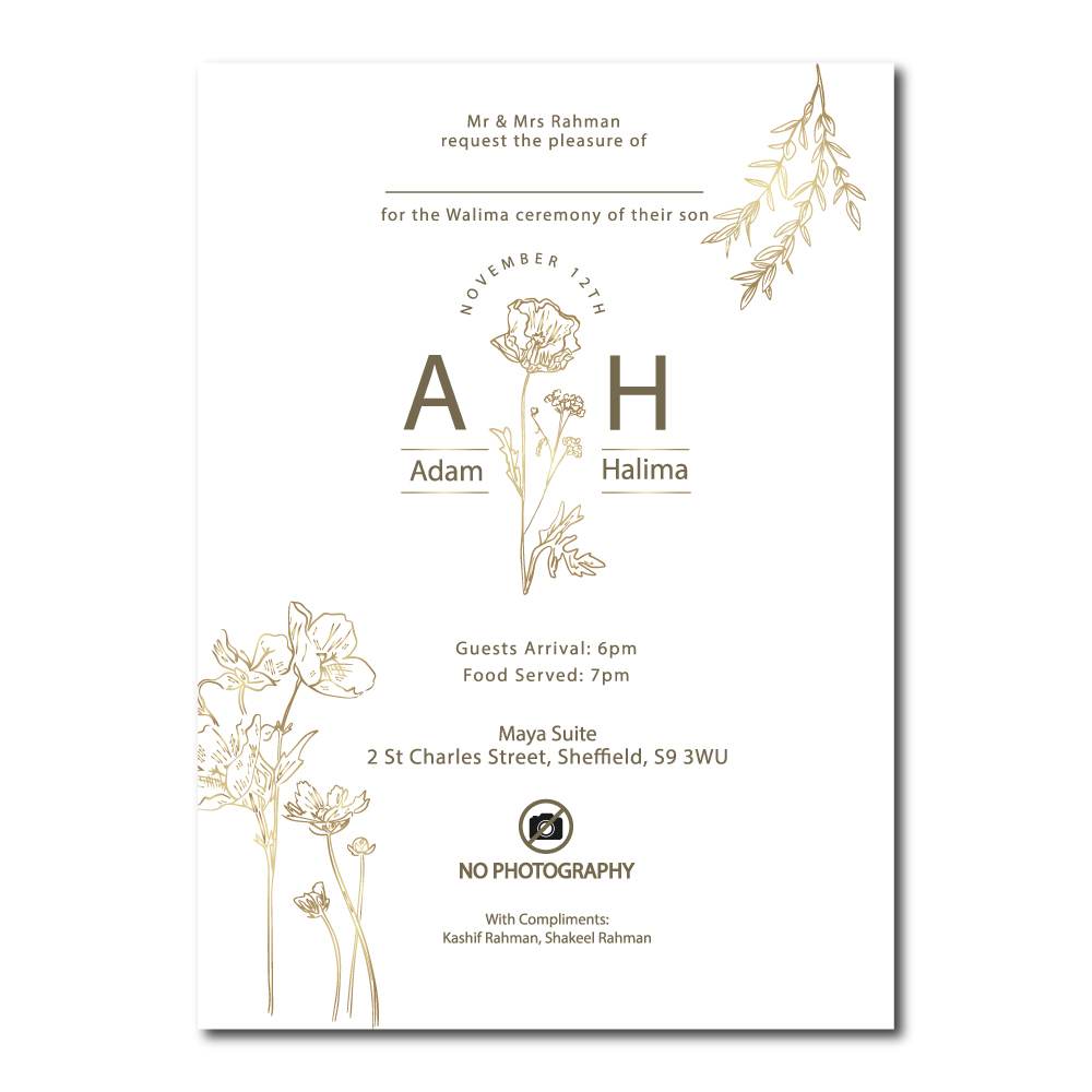 Minimal Golden Floral Wedding Invitation | 350 GSM Paper Shaadi Invitation & Envelope 4