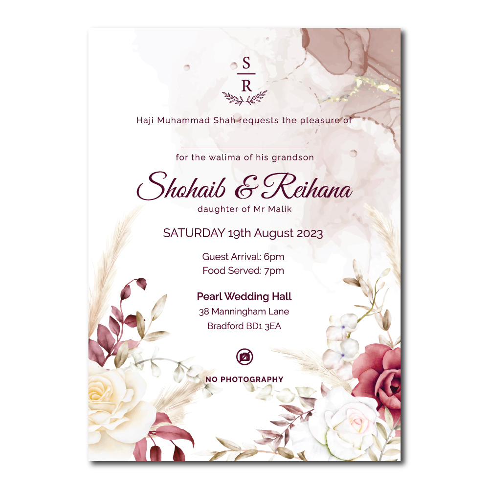 Boho Watercolour Flower Wedding Invitation | 350 GSM Paper Shaadi Invitation & Envelope