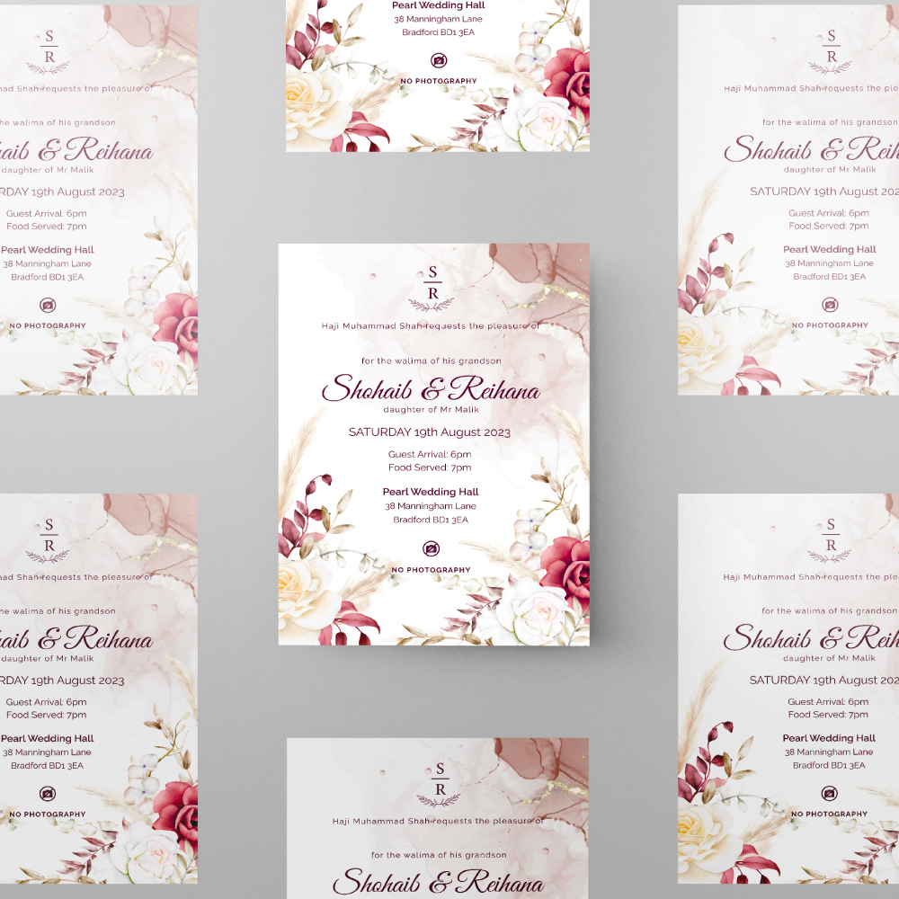 Boho Watercolour Flower Wedding Invitation | 350 GSM Paper Shaadi Invitation & Envelope 4