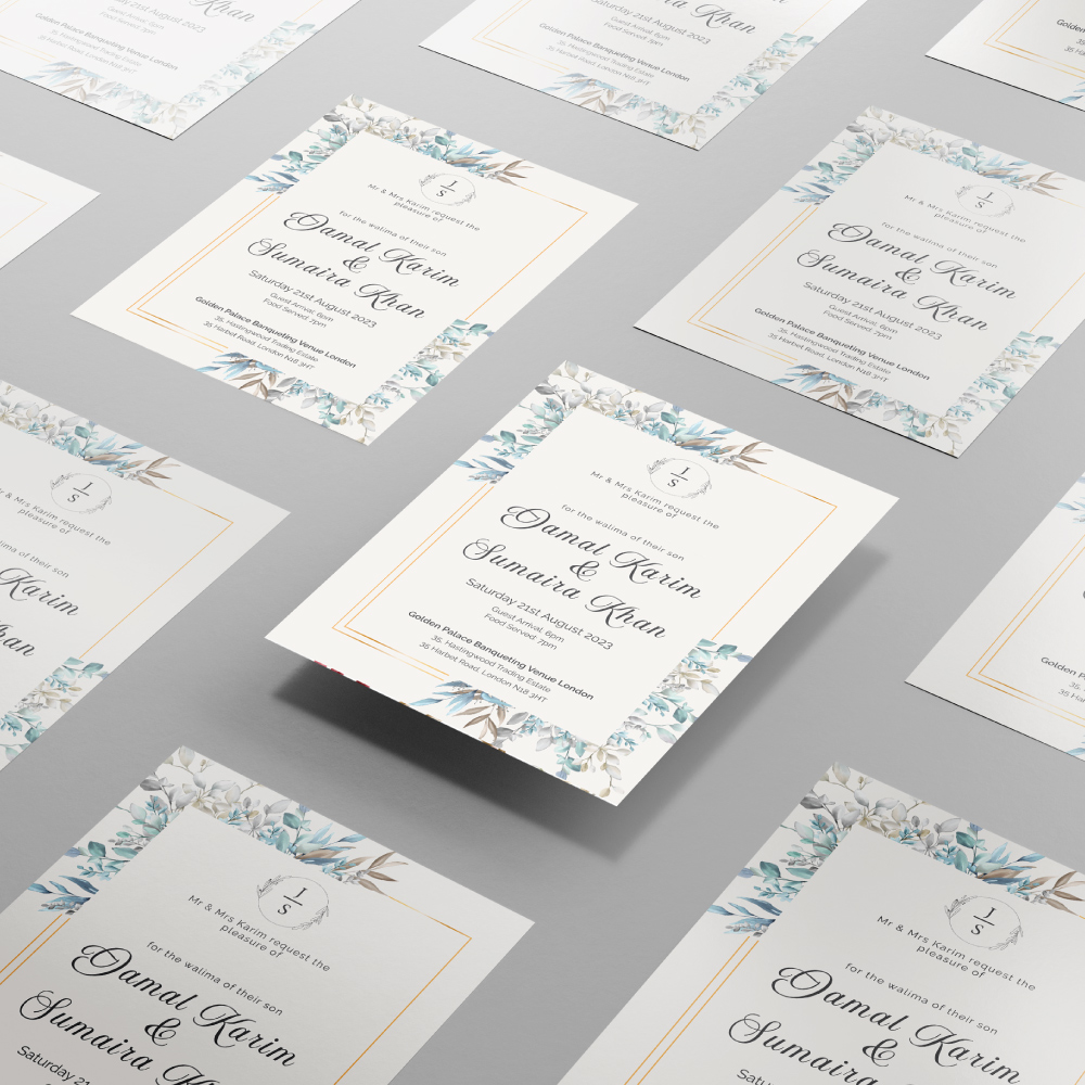 Periwinkle Blue Leaves Wedding Invitation | 350 GSM Paper Shaadi Invitation & Envelope 2