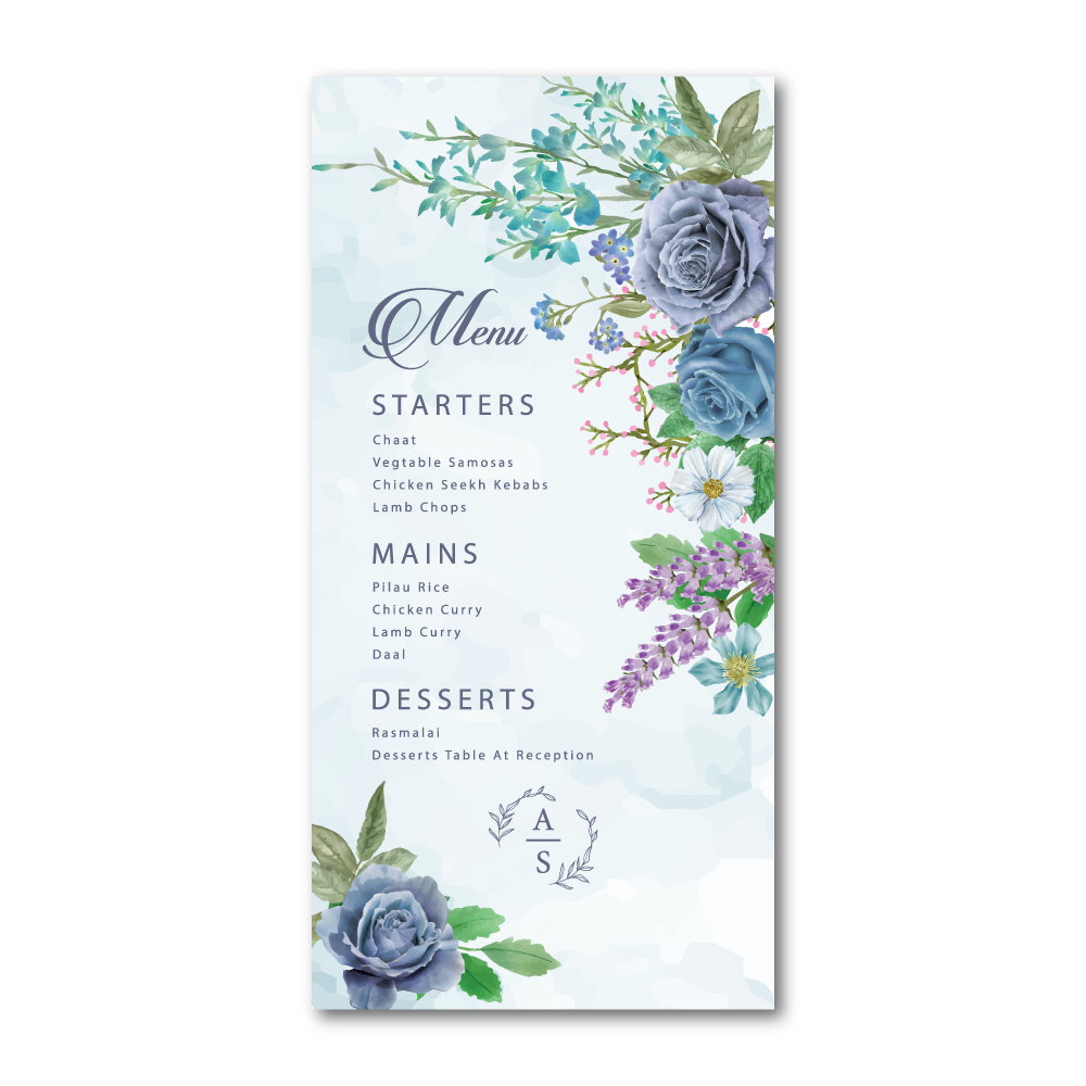 Wedding Menu | Bohemian Blue Flowers Design | 350 GSM Paper