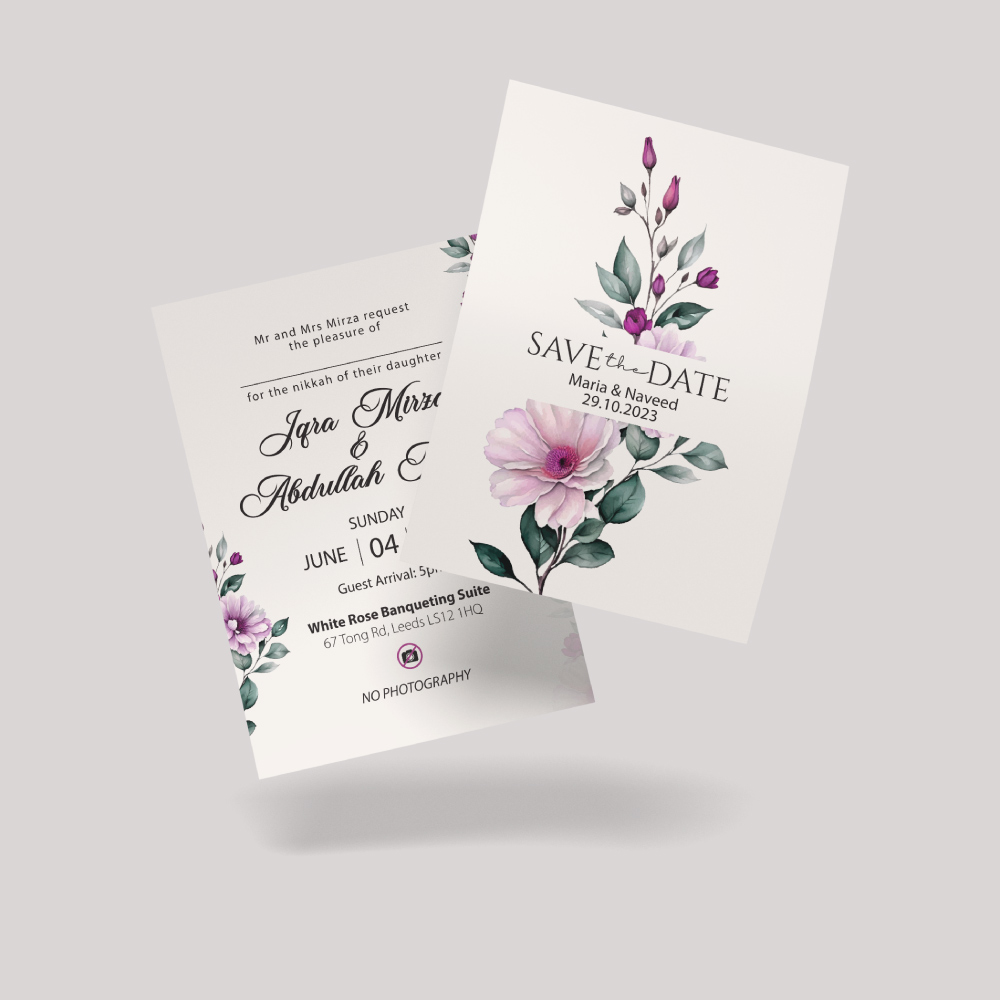 Double Sided Purple Watercolour Blossom Wedding Invitation | 350 GSM Paper Shaadi Invitation & Envelope