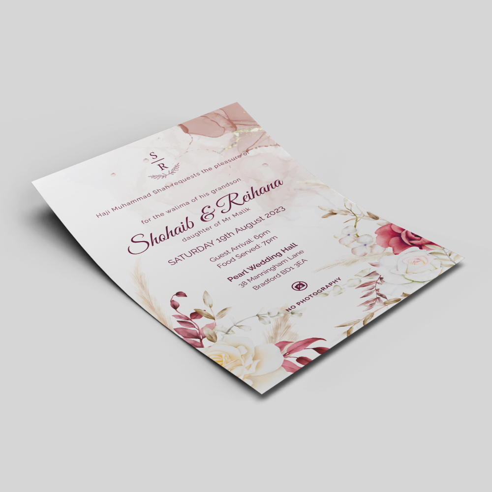 Boho Watercolour Flower Wedding Invitation | 350 GSM Paper Shaadi Invitation & Envelope 3