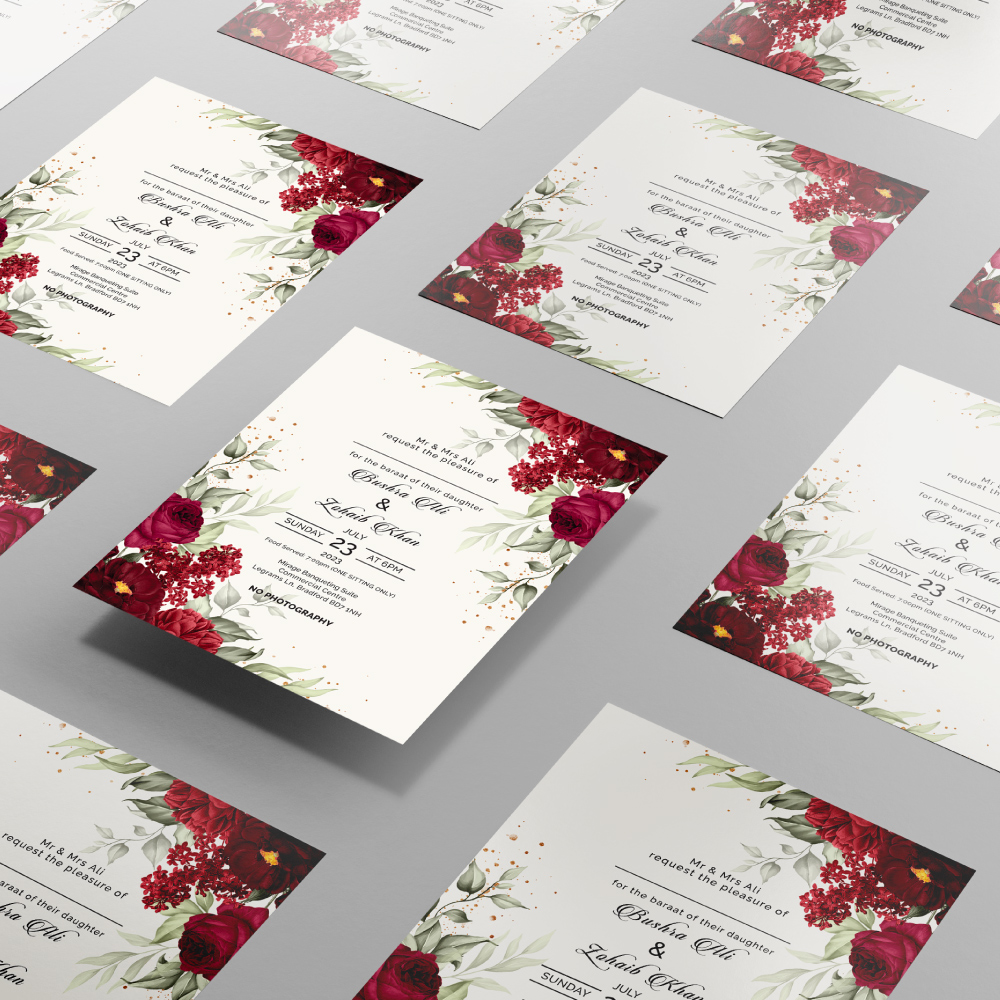 Burgundy Roses And Leaves Wedding Invitation | 350 GSM Paper Shaadi Invitation & Envelope 3