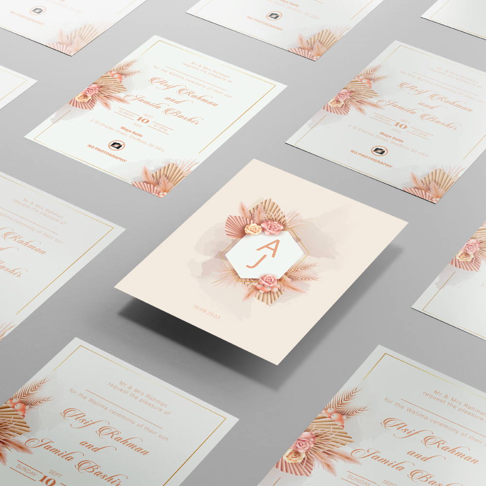 Double Sided Elegant Salmon Pink Floral Wedding Invitation | 350 GSM Paper Shaadi Invitation & Envelope 4