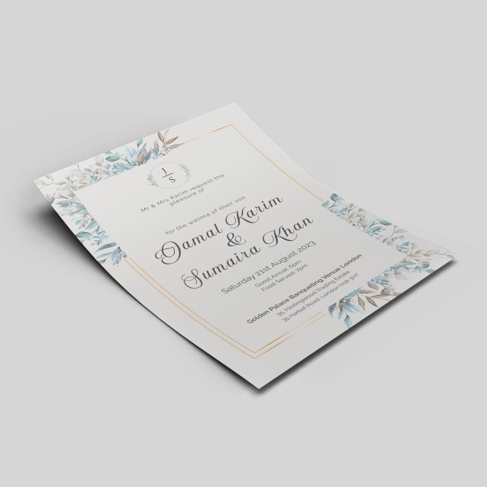 Periwinkle Blue Leaves Wedding Invitation | 350 GSM Paper Shaadi Invitation & Envelope 3