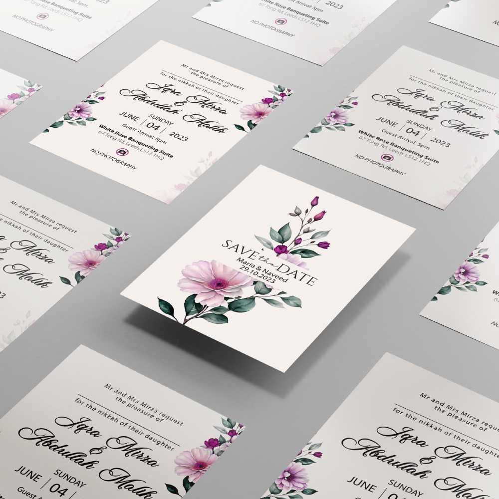 Double Sided Purple Watercolour Blossom Wedding Invitation | 350 GSM Paper Shaadi Invitation & Envelope 5