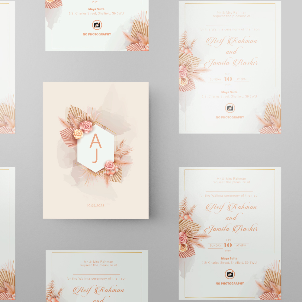 Double Sided Elegant Salmon Pink Floral Wedding Invitation | 350 GSM Paper Shaadi Invitation & Envelope 5