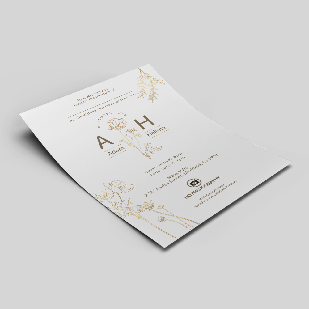 Minimal Golden Floral Wedding Invitation | 350 GSM Paper Shaadi Invitation & Envelope 2