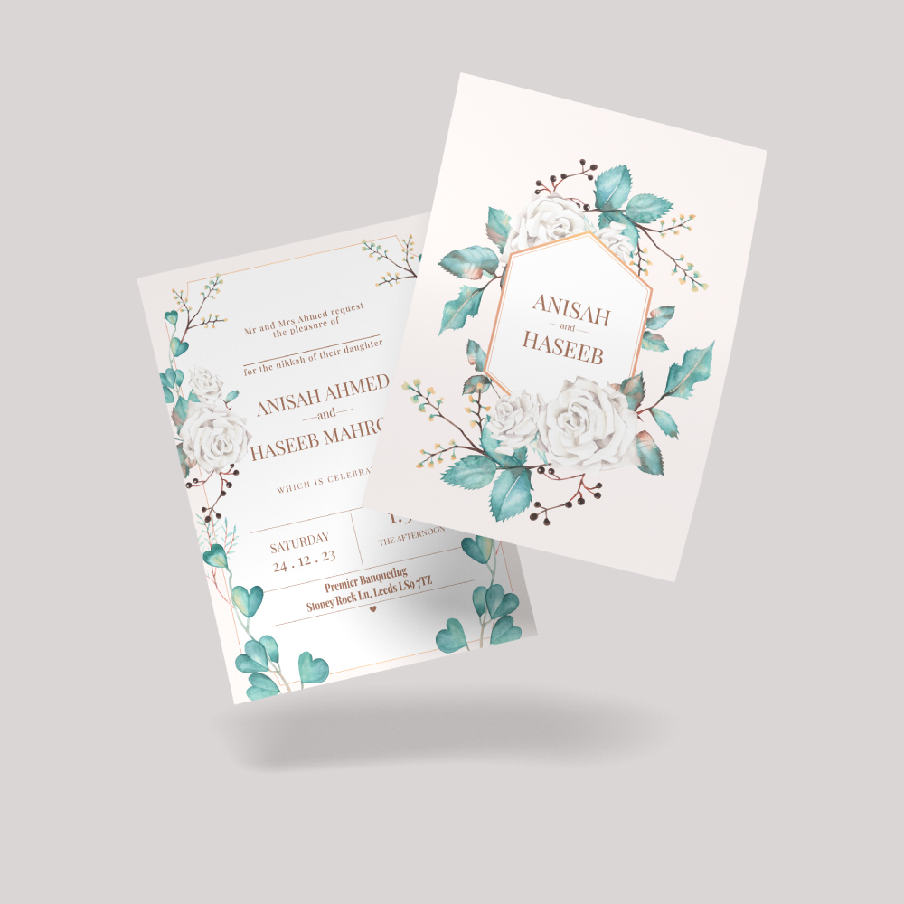 Double Sided Teal Heart Leaves Wedding Invitation | 350 GSM Paper Shaadi Invitation & Envelope 3