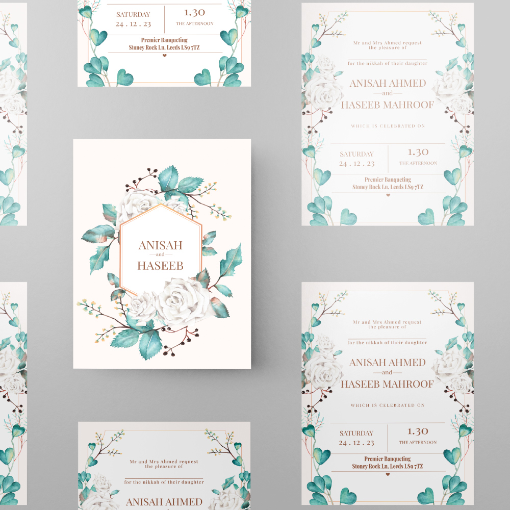 Double Sided Teal Heart Leaves Wedding Invitation | 350 GSM Paper Shaadi Invitation & Envelope 5