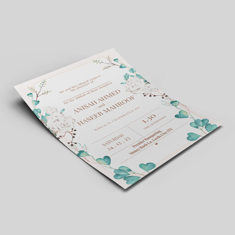 Double Sided Teal Heart Leaves Wedding Invitation | 350 GSM Paper Shaadi Invitation & Envelope 2