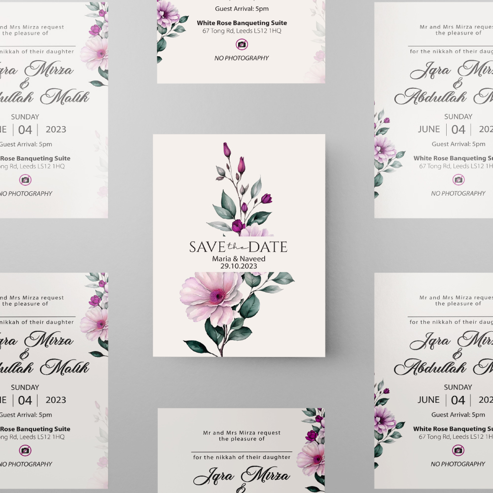 Double Sided Purple Watercolour Blossom Wedding Invitation | 350 GSM Paper Shaadi Invitation & Envelope 2