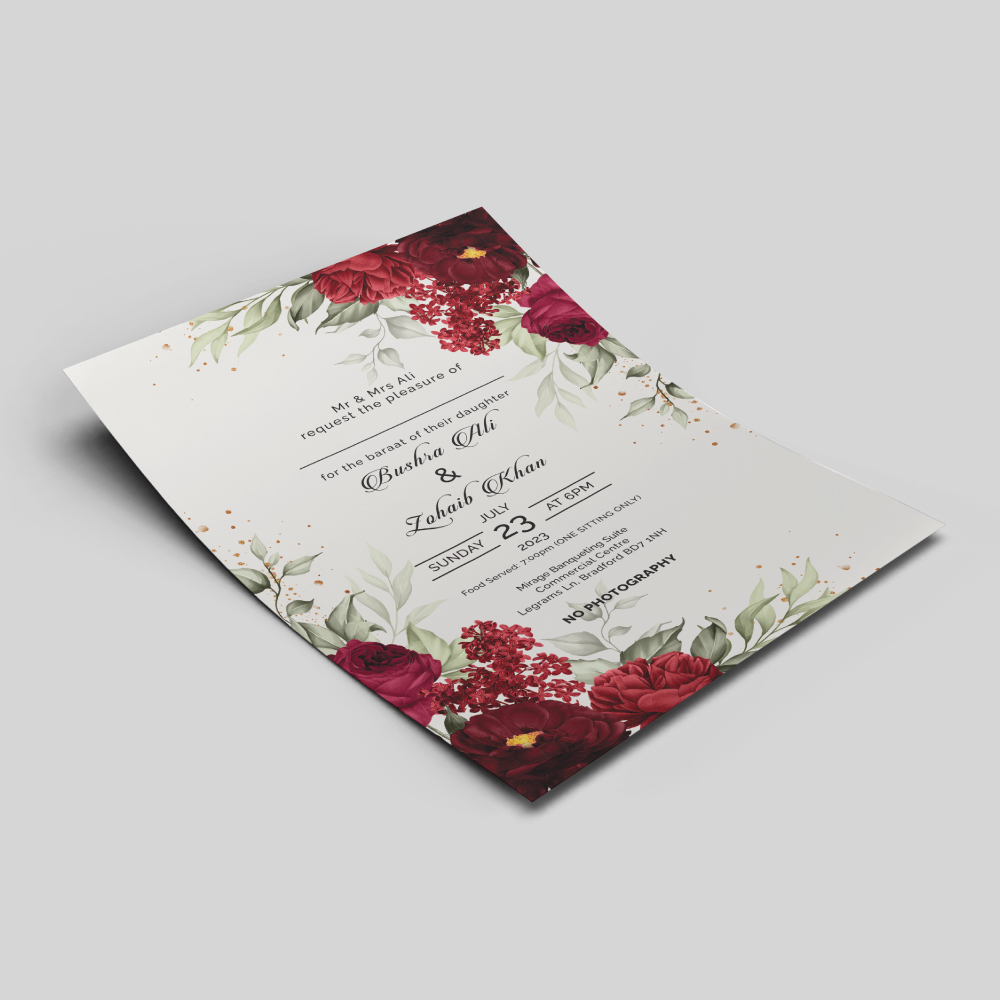 Burgundy Roses And Leaves Wedding Invitation | 350 GSM Paper Shaadi Invitation & Envelope 2