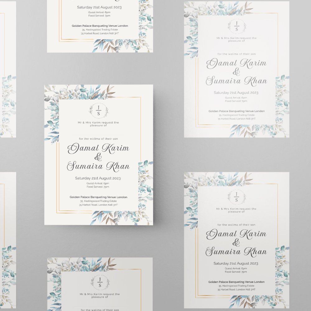 Periwinkle Blue Leaves Wedding Invitation | 350 GSM Paper Shaadi Invitation & Envelope