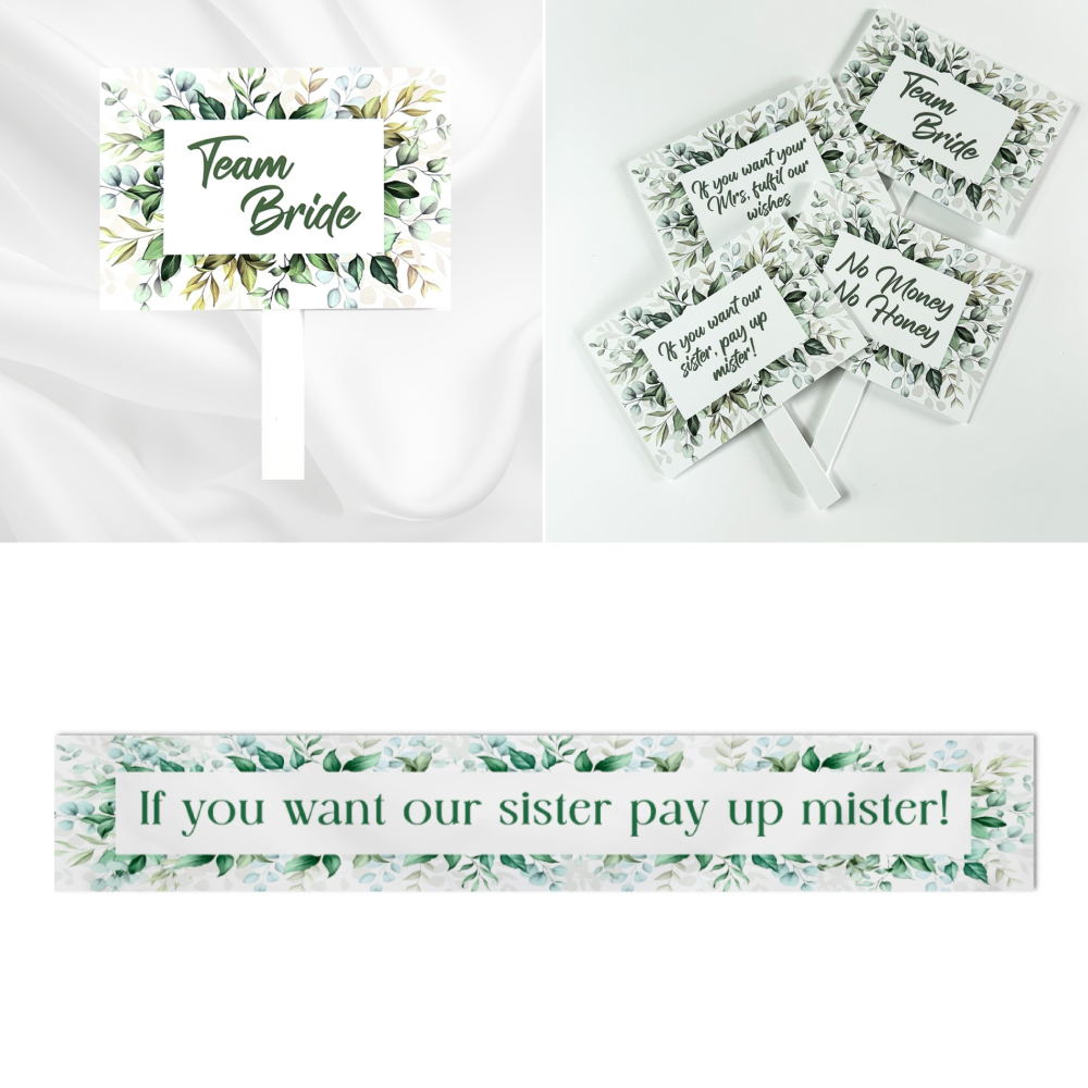 Pay Up Mister Signs | Wedding Gate Signs & PVC Banner Bundle | Green Leaves Digital Print 11
