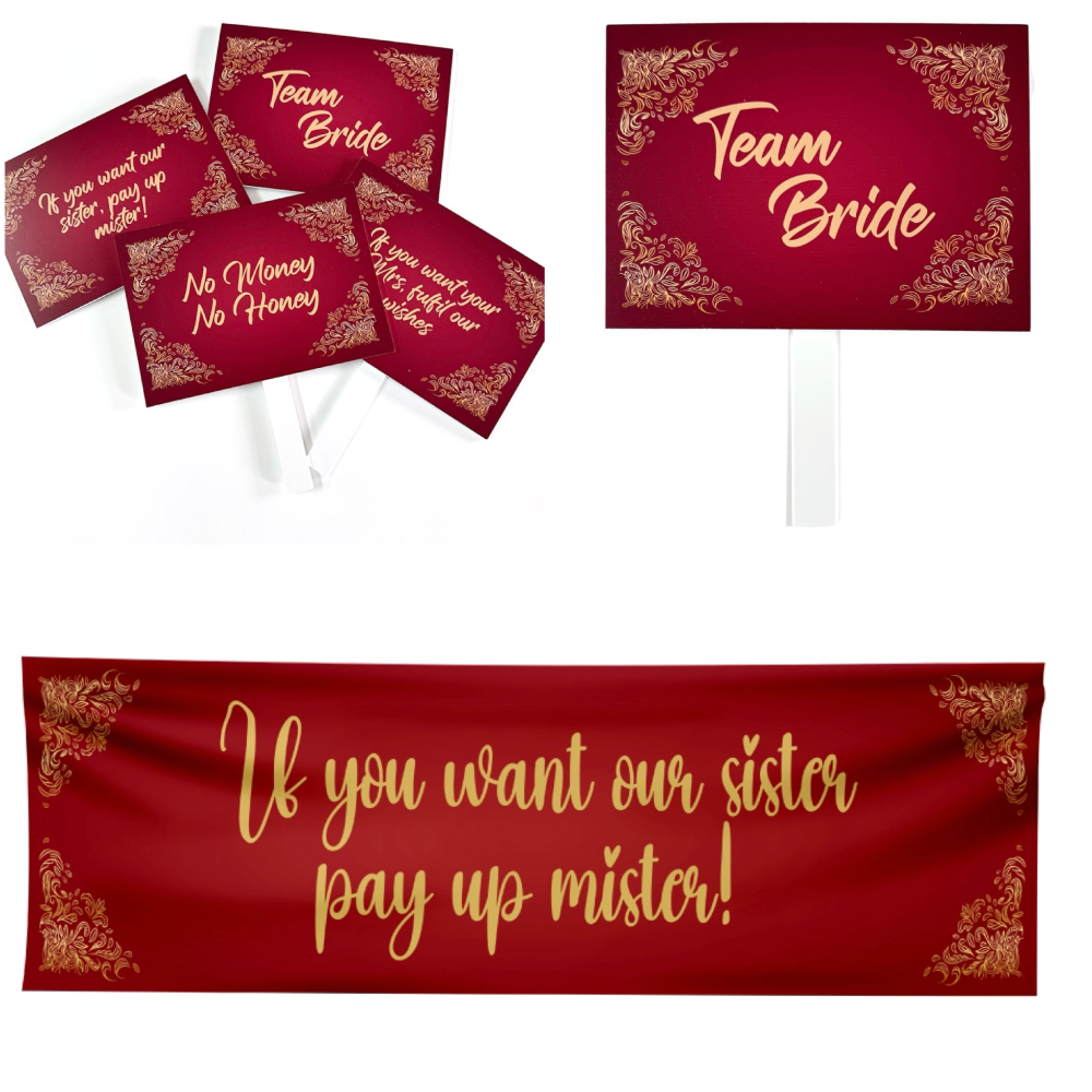 Personalised Pay Up Mister Signs | Wedding Gate Signs & PVC Banner Bundle | Gold and Red Design GROUP