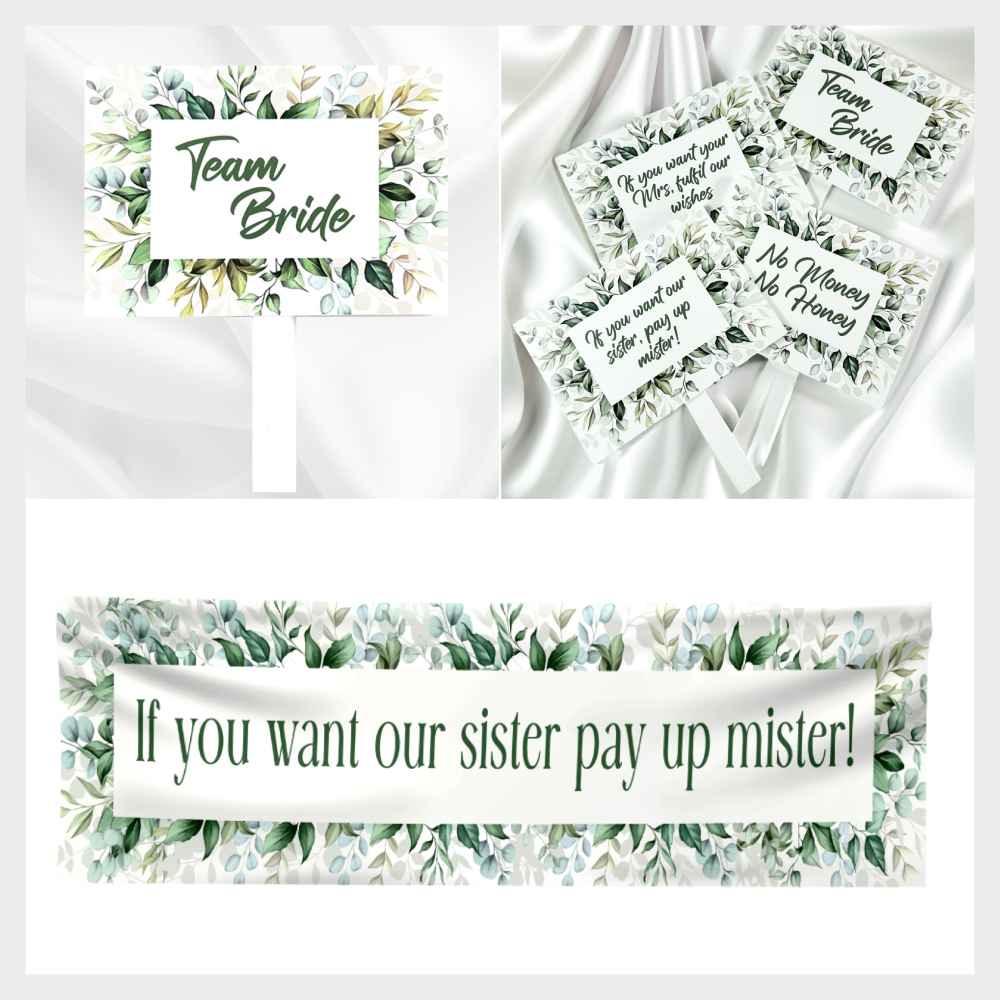 Personalised Pay Up Mister Signs | Wedding Gate Signs & PVC Banner Bundle | Green Leaves Digital Print GROUP