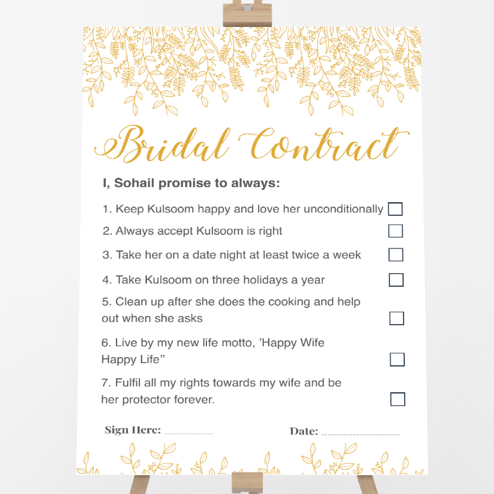 A2 Elegant Golden Leaves Wedding Contract | Bridal Party Signage