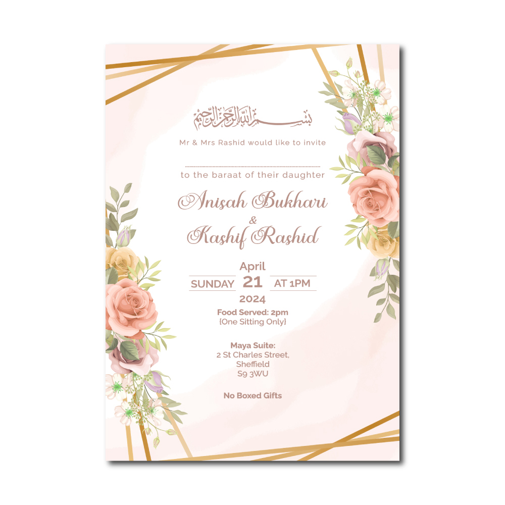 Peach Floral Wedding Invitation | 350 GSM Paper Shaadi Invitation & Envelope