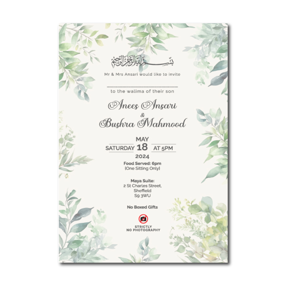 Watercolour Leaves Border Wedding Invitation | 350 GSM Paper Shaadi Invitation & Envelope 4