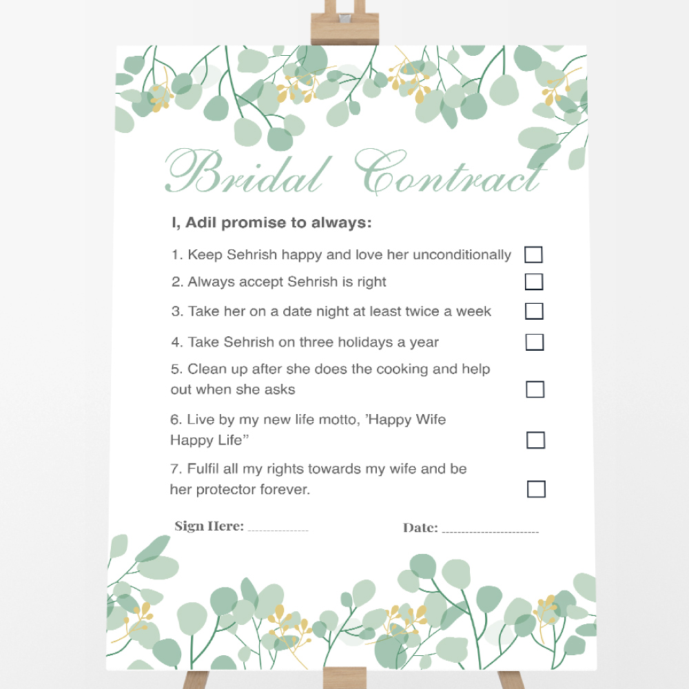 A2 Green Leaves Wedding Contract | Bridal Party Signage