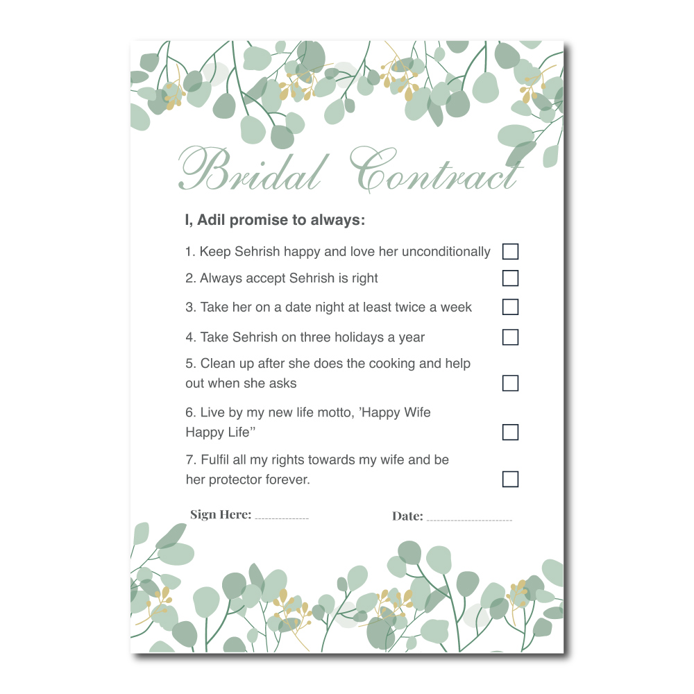 A2 Green Leaves Wedding Contract | Bridal Party Signage 2