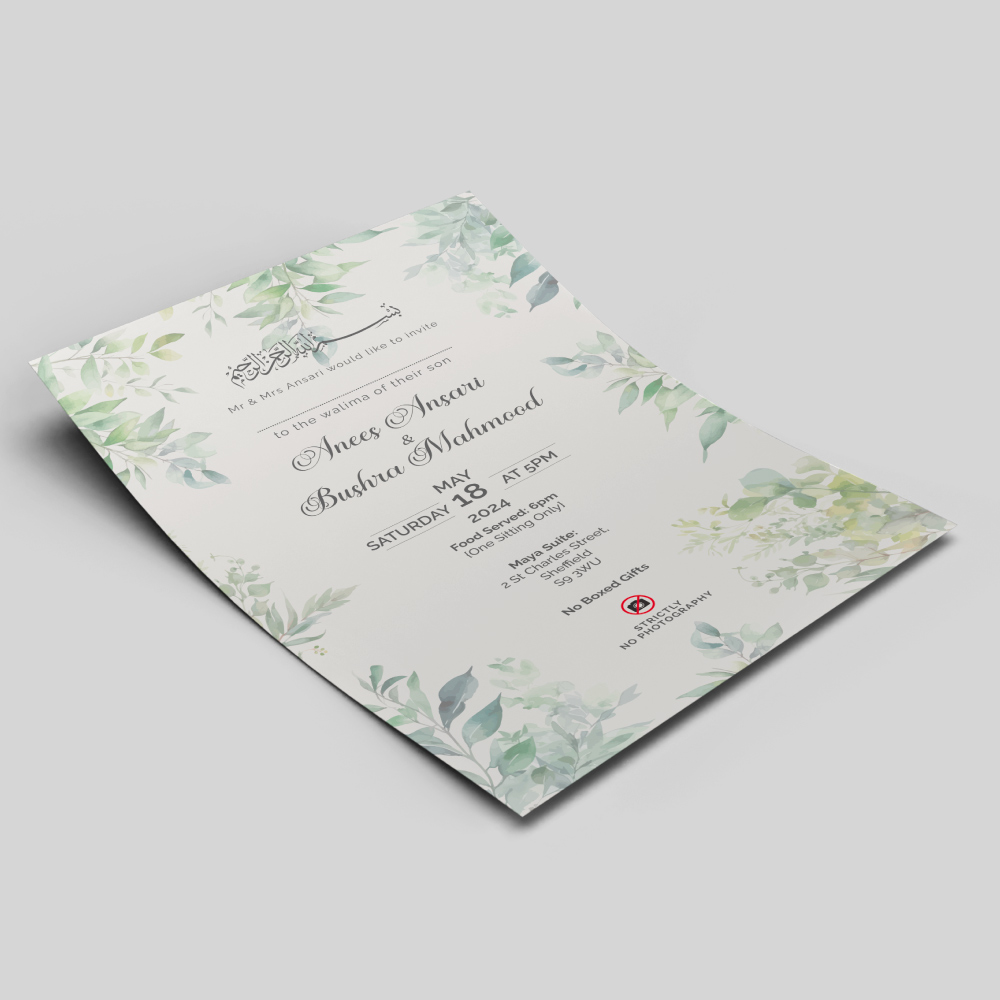 Watercolour Leaves Border Wedding Invitation | 350 GSM Paper Shaadi Invitation & Envelope 2