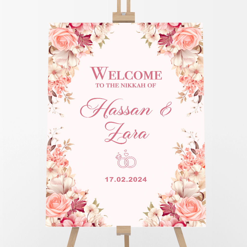 Personalised A2 Peaches And Pink Floral Frame Vinyl Sticker And Foamex Wedding Welcome Sign