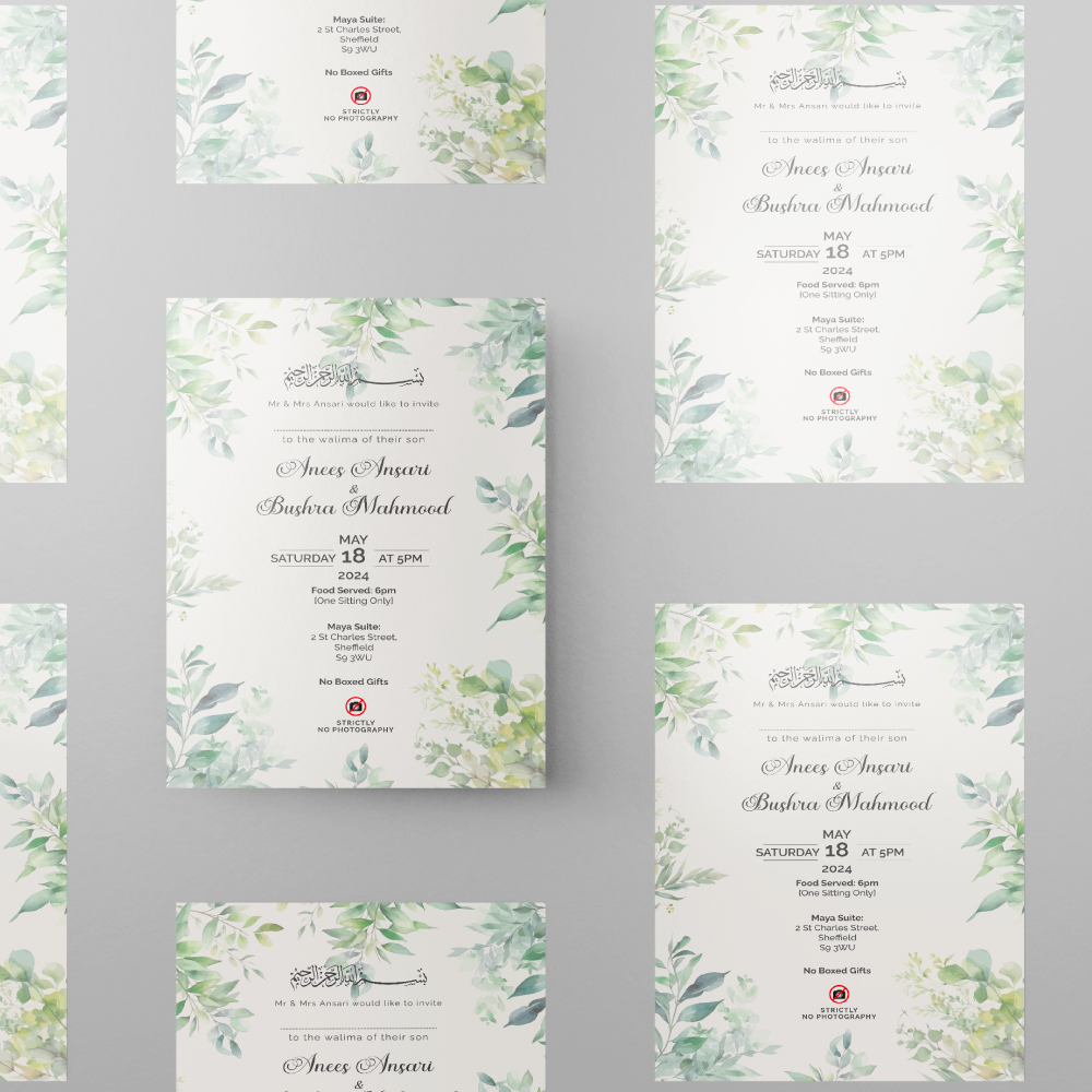 Watercolour Leaves Border Wedding Invitation | 350 GSM Paper Shaadi Invitation & Envelope